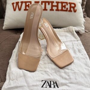 Zara Women's Nude Heels with Clear Strap! Worn once! Excellent condition.